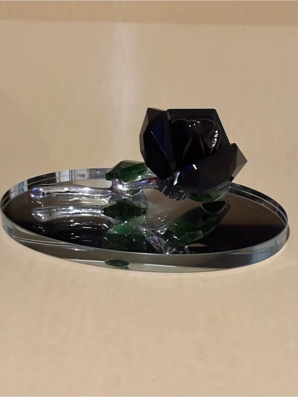 Decorative Glass Black Rose Figurine on a Mirror Base